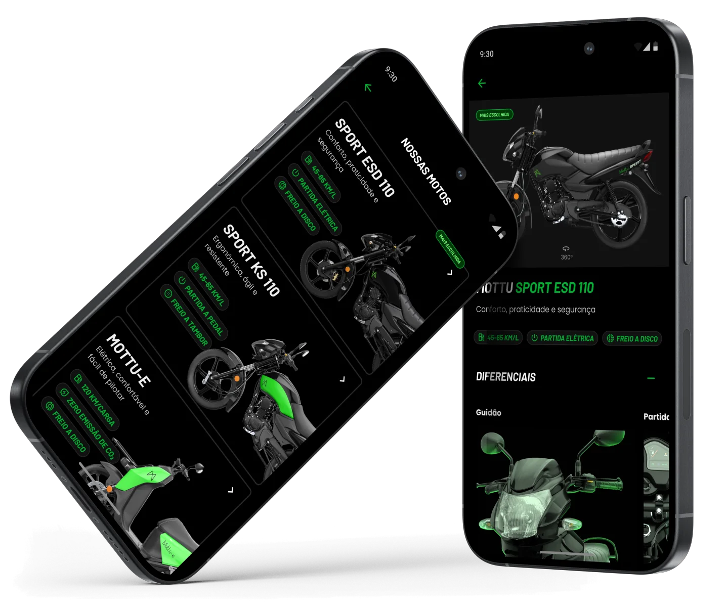 Telas do app Mottu mostrando modelos de motos disponíveis
